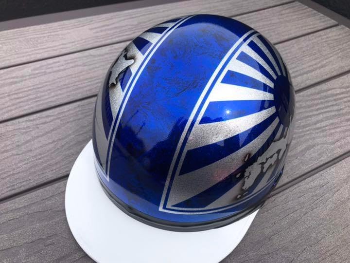 ブルーラメ 日章 日本 コルク半 ヘルメット 旧車會 暴走族 三段シート 族